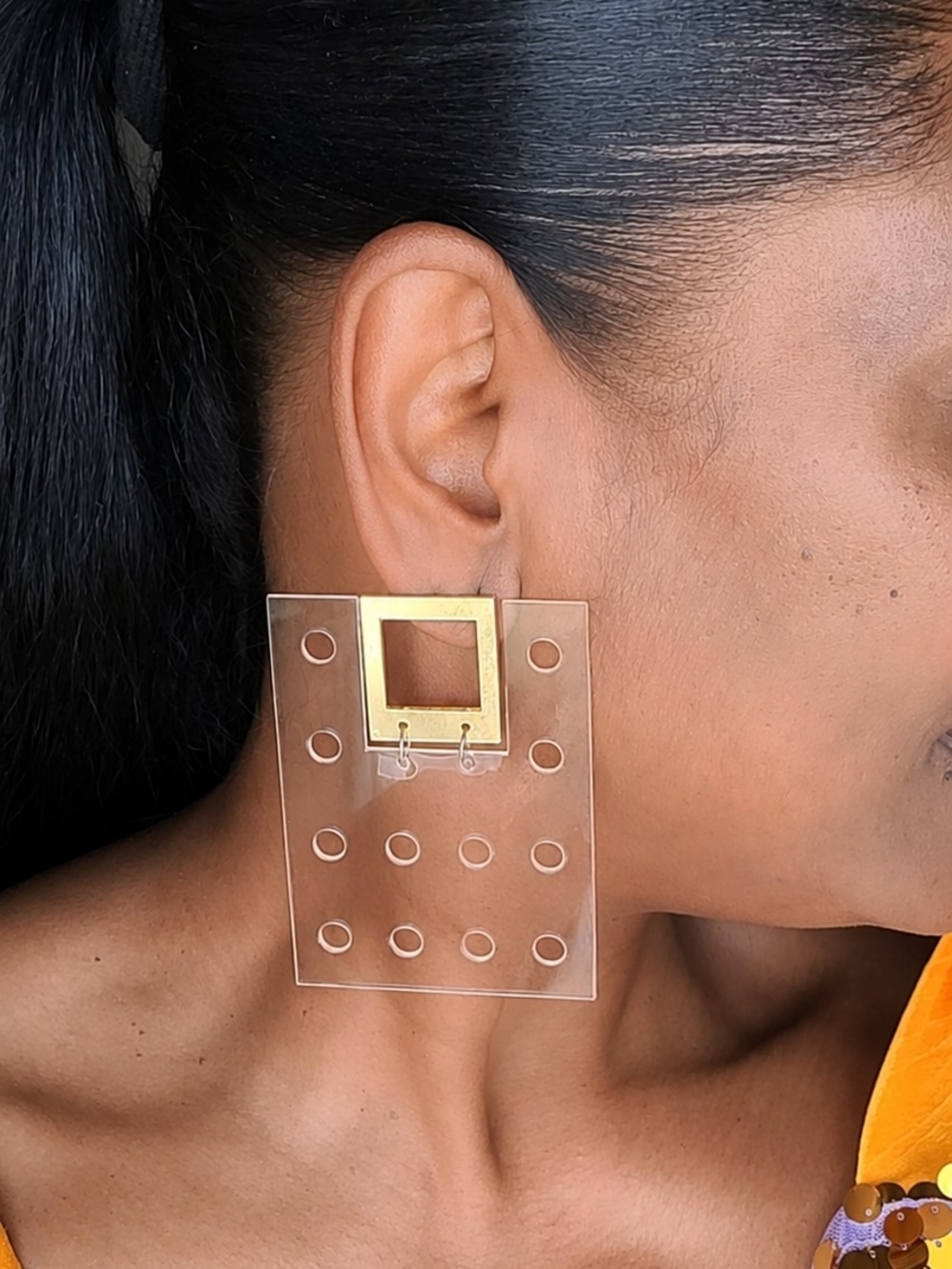 Gold Square & Clear Acrylic Drop Earrings - Women Jewelry